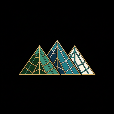 A minimalist geometric logo featuring three stylized mountain peaks in green, teal, and white with gold outlines, centered on a solid black background.